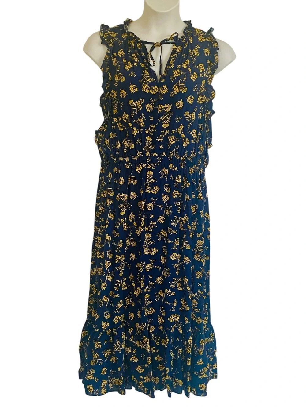 Banana Republic Navy Floral Print Sleeveless Ruffle Midi Dress Sz 16 Tall NWT